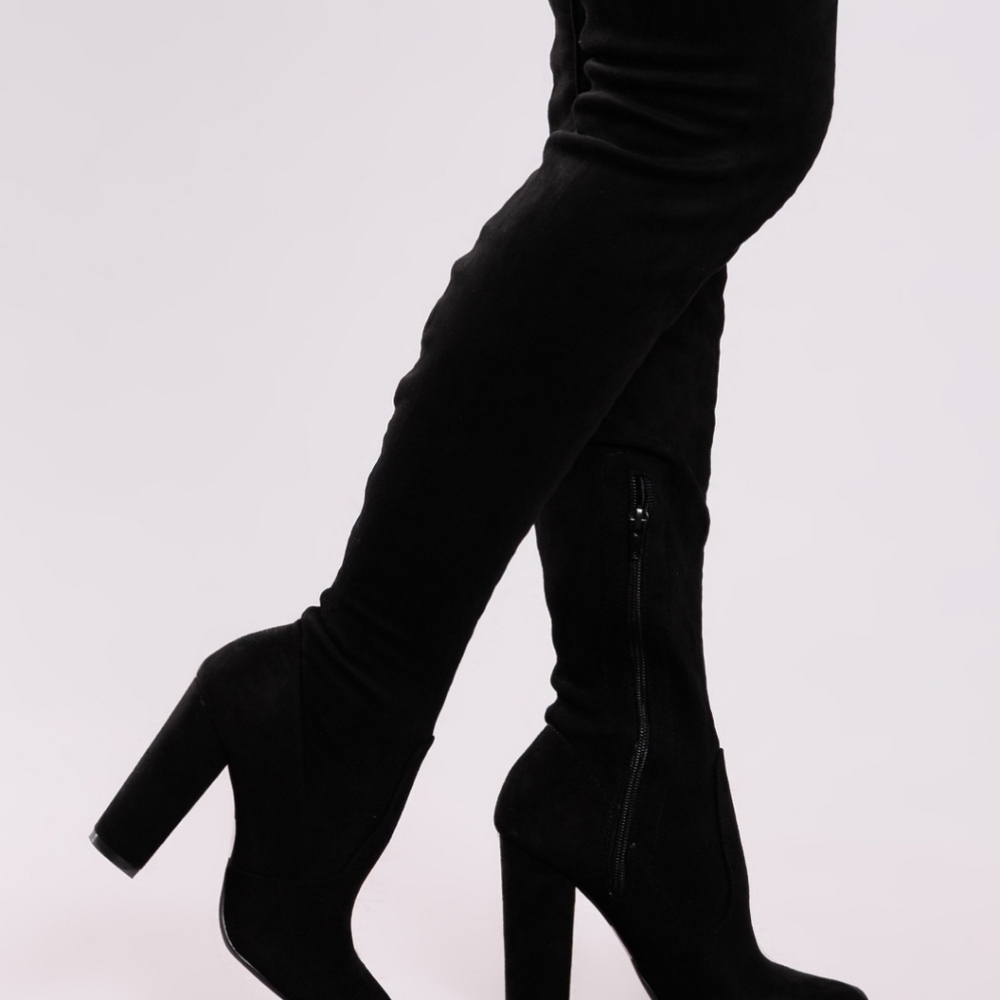 Thigh high black fake suede boots